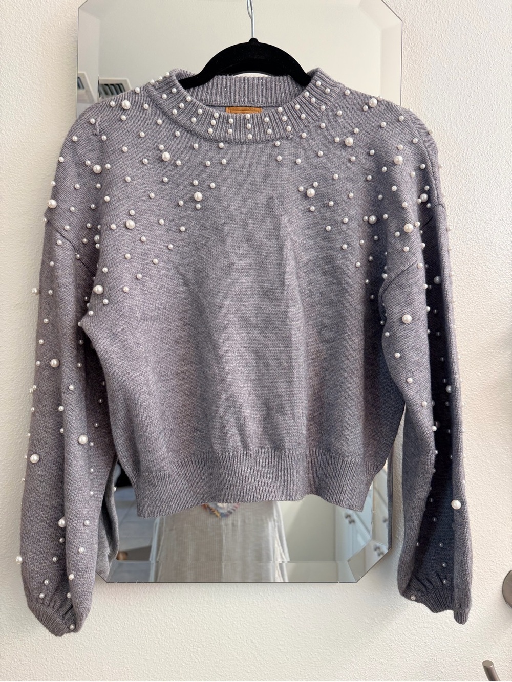 POL Gray Crewneck Sweater with Pearl Embellishments